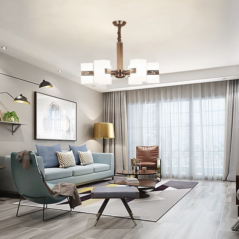 Lampadario moderno contemporaneo a 6 luci con paralumi in vetro E14