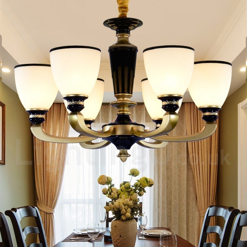 Lampadario retrò tradizionale 6 luci in lega di zinco e vetro E27 65x43 cm