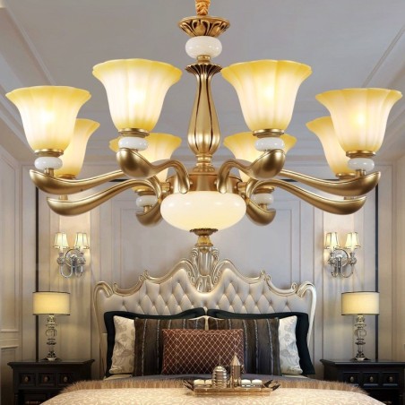 Lampadario classico retrò 8 luci in lega di zinco con paralumi in vetro E27