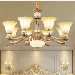 Lampadario classico retrò 8 luci in lega di zinco con paralumi in vetro E27