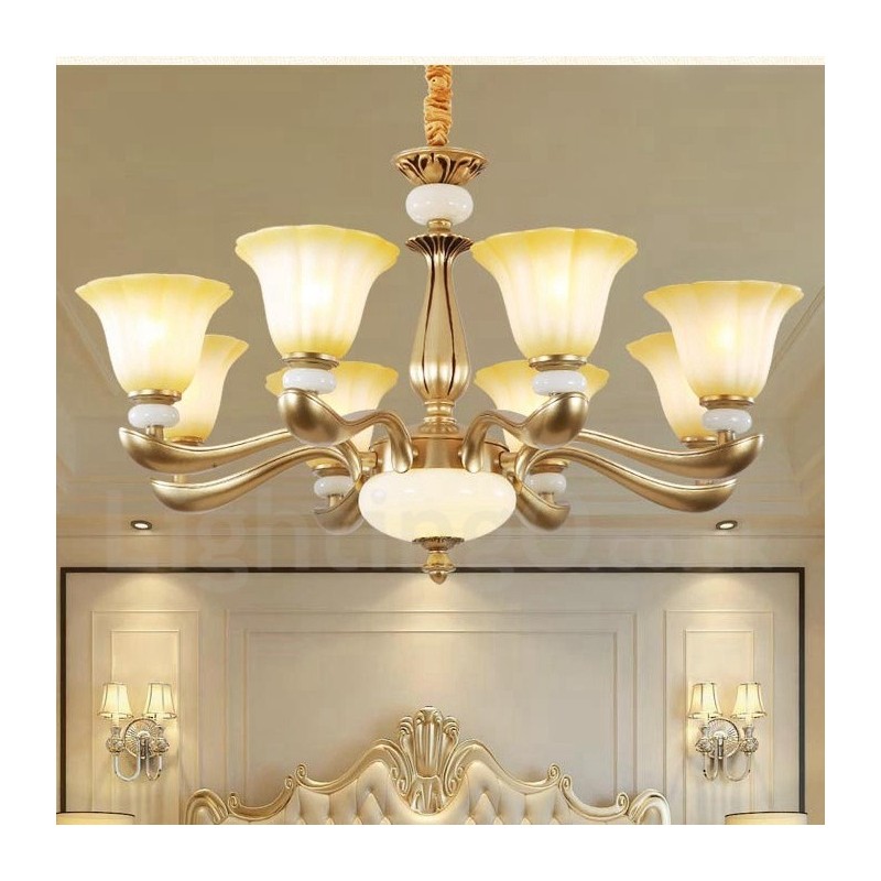 Lampadario classico retrò 8 luci in lega di zinco con paralumi in vetro E27