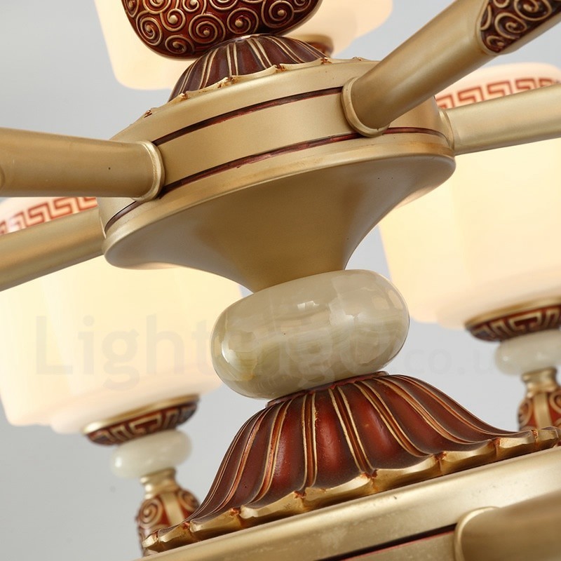 Lampadario classico retrò da ingresso in lega di zinco con paralume in vetro, 6 luci E27