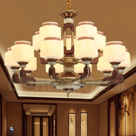 Lampadario retrò classico in lega di zinco con paralumi in vetro 15 luci E27
