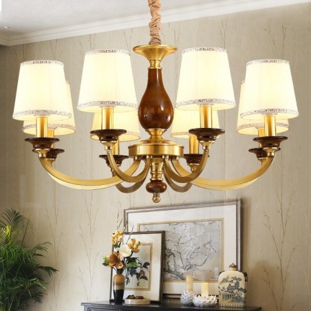 Lampadario a sospensione rustico retrò in ottone con paralume in vetro 8 luci E14 Ø 80 cm