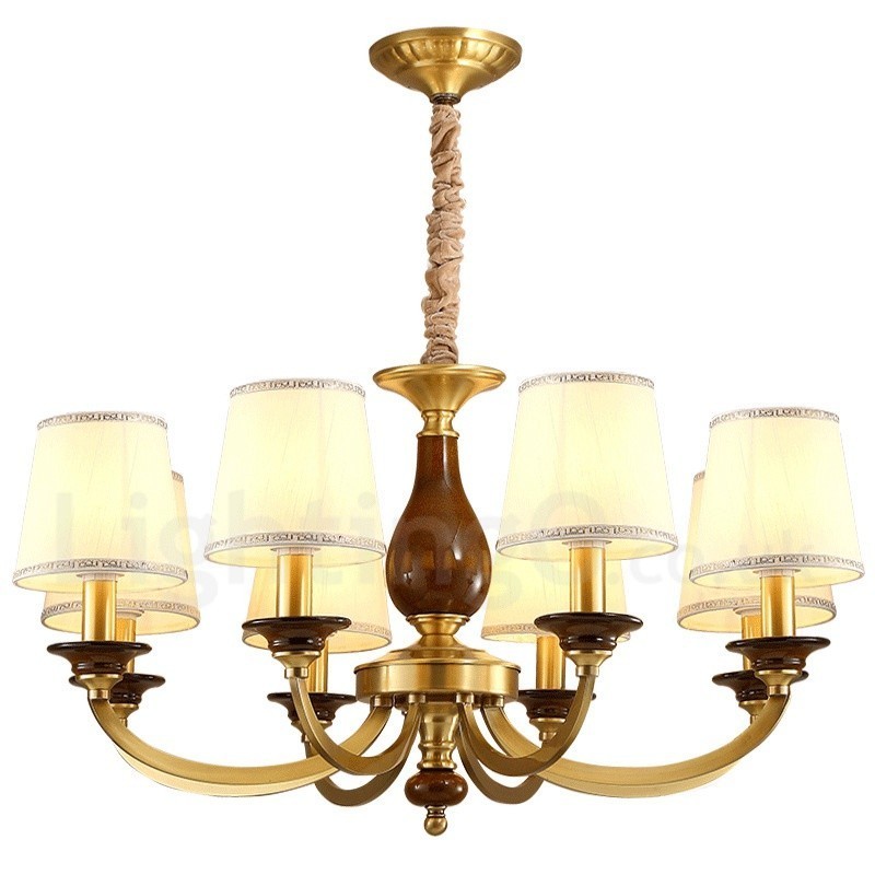 Lampadario a sospensione rustico retrò in ottone con paralume in vetro 8 luci E14 Ø 80 cm