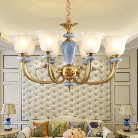 Lampadario a sospensione retrò rustico in ottone e vetro a 8 luci E27 85 cm