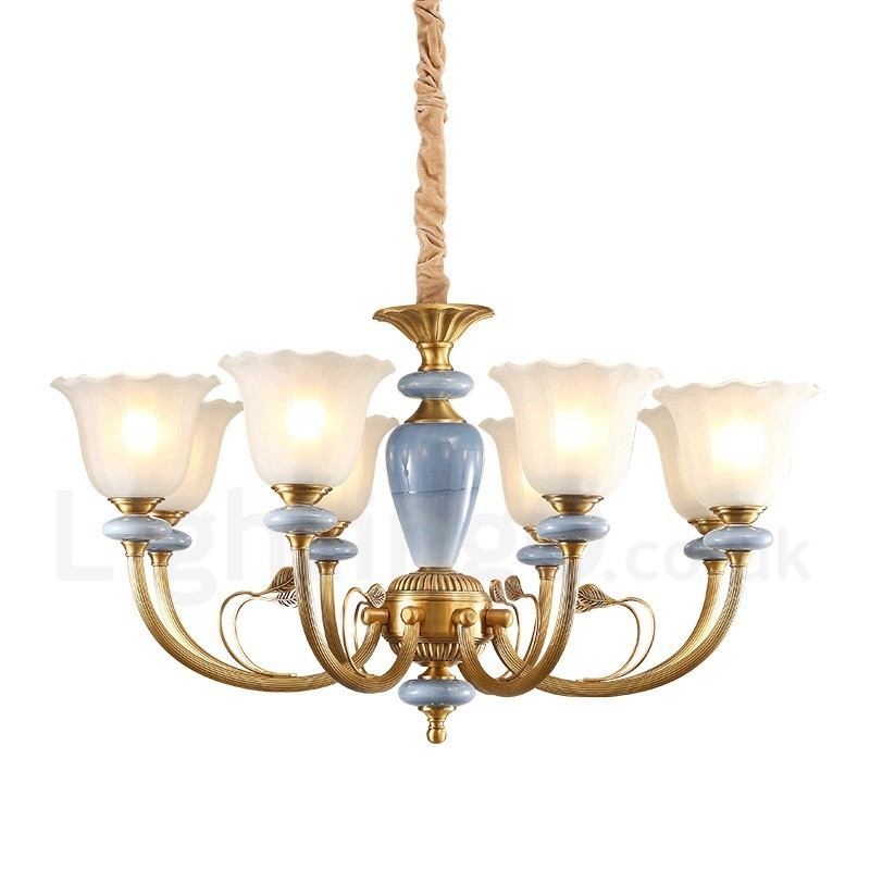 Lampadario a sospensione retrò rustico in ottone e vetro a 8 luci E27 85 cm