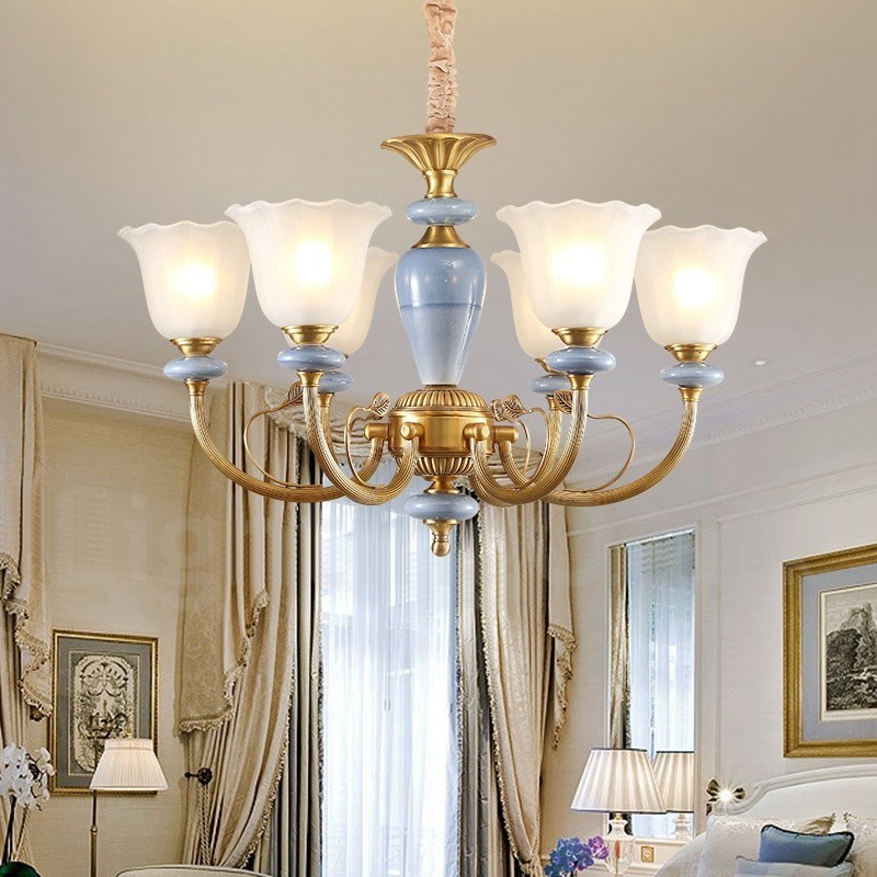 Lampadario a sospensione retrò rustico in ottone e vetro a 6 luci E27 Ø 73 cm H 45 cm