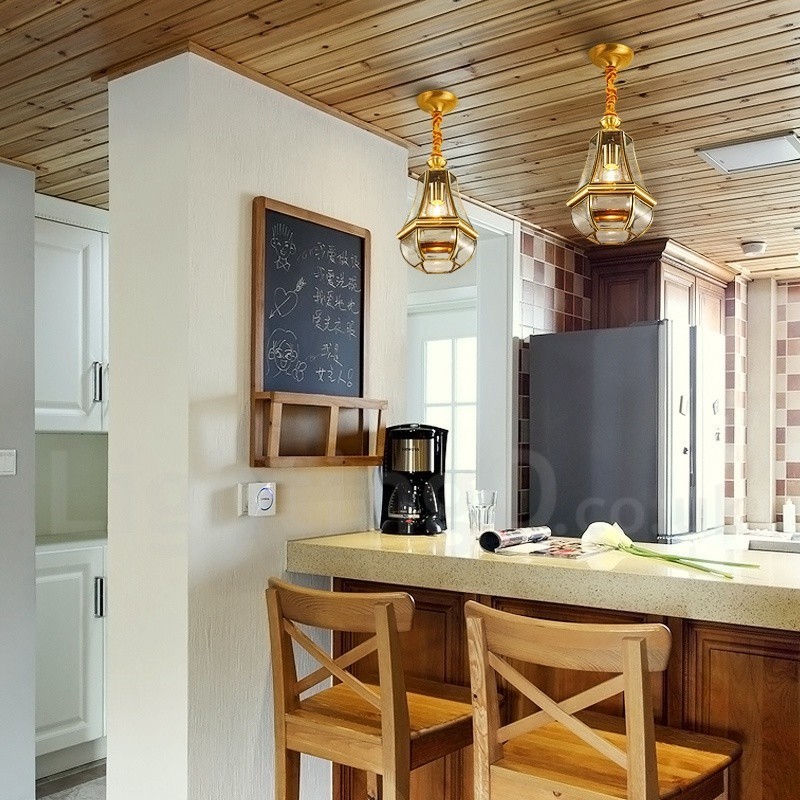 Lampadario a sospensione retrò rustico in ottone con paralume in vetro, 1 luce E27, Ø 20 cm
