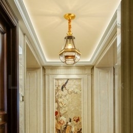 Lampadario a sospensione retrò rustico in ottone con paralume in vetro, 1 luce E27, Ø 20 cm