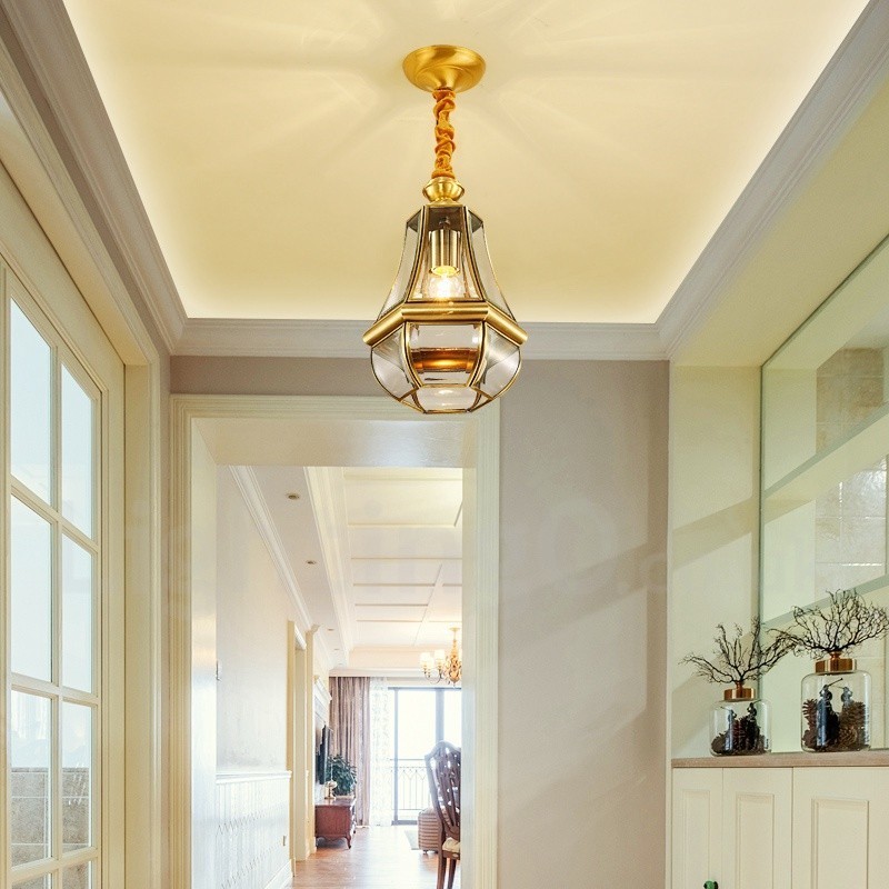 Lampadario a sospensione retrò rustico in ottone con paralume in vetro, 1 luce E27, Ø 20 cm