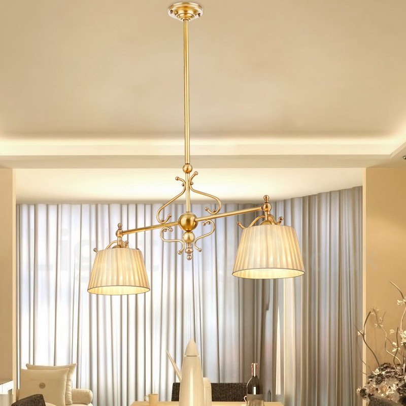 Lampadario a sospensione retrò rustico di lusso in ottone con paralume in tessuto, 2 luci E27