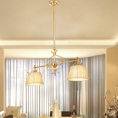 Lampadario a sospensione retrò rustico di lusso in ottone con paralume in tessuto, 2 luci E27
