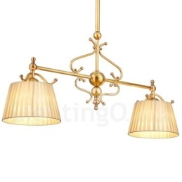 Lampadario a sospensione retrò rustico di lusso in ottone con paralume in tessuto, 2 luci E27