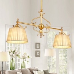 Lampadario a sospensione retrò rustico di lusso in ottone con paralume in tessuto, 2 luci E27