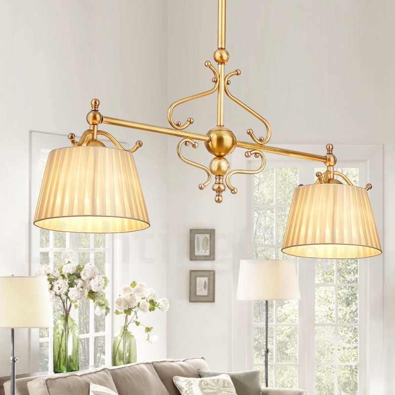 Lampadario a sospensione retrò rustico di lusso in ottone con paralume in tessuto, 2 luci E27