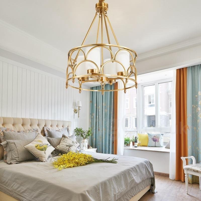 Lampadario a sospensione rustico retrò in ottone con paralumi in vetro 4 luci E27 Ø50 cm H50 cm
