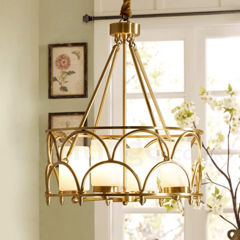 Lampadario a sospensione rustico retrò in ottone con paralumi in vetro 4 luci E27 Ø50 cm H50 cm