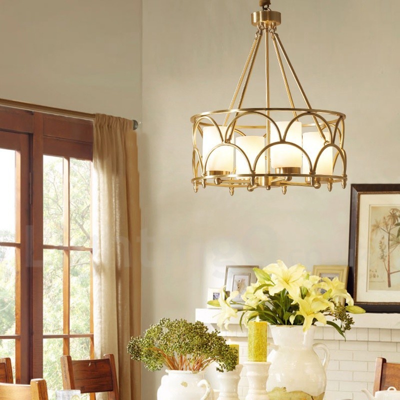 Lampadario a sospensione rustico retrò in ottone con paralumi in vetro 4 luci E27 Ø50 cm H50 cm