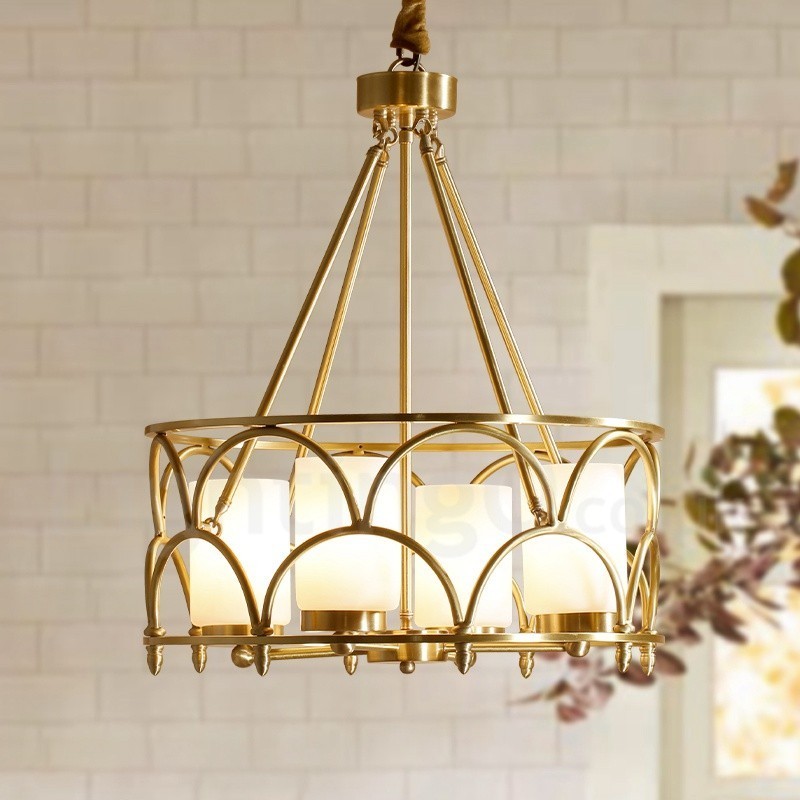 Lampadario a sospensione rustico retrò in ottone con paralumi in vetro 4 luci E27 Ø50 cm H50 cm