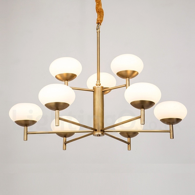 Lampadario a sospensione in ottone e vetro retrò rustico 9 luci E14 Ø 75 cm H 65 cm