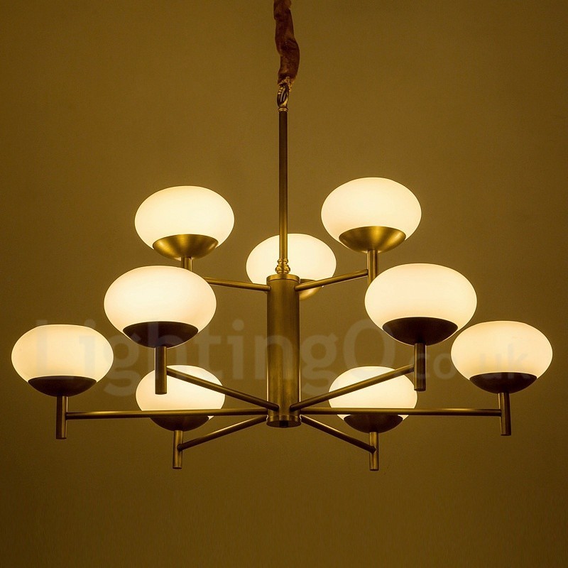 Lampadario a sospensione in ottone e vetro retrò rustico 9 luci E14 Ø 75 cm H 65 cm