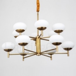 Lampadario a sospensione retrò rustico in ottone con paralumi in vetro 12 luci E14 Ø 95 cm