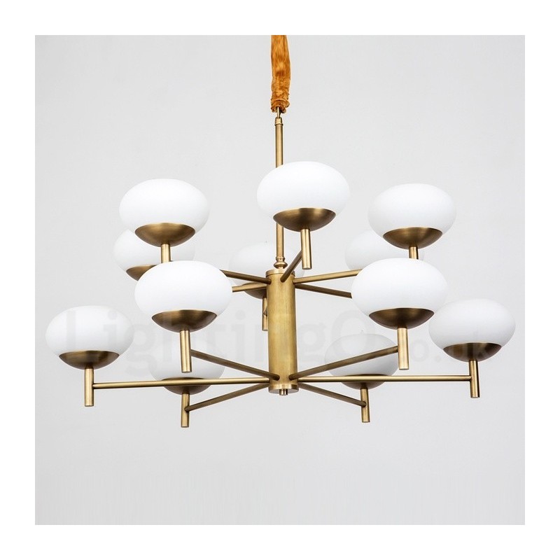 Lampadario a sospensione retrò rustico in ottone con paralumi in vetro 12 luci E14 Ø 95 cm