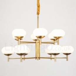 Lampadario a sospensione retrò rustico in ottone con paralumi in vetro 12 luci E14 Ø 95 cm