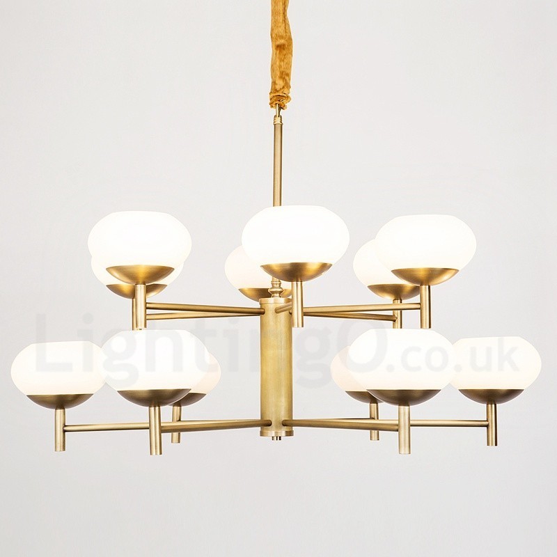 Lampadario a sospensione retrò rustico in ottone con paralumi in vetro 12 luci E14 Ø 95 cm