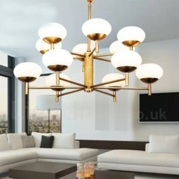 Lampadario a sospensione retrò rustico in ottone con paralumi in vetro 12 luci E14 Ø 95 cm