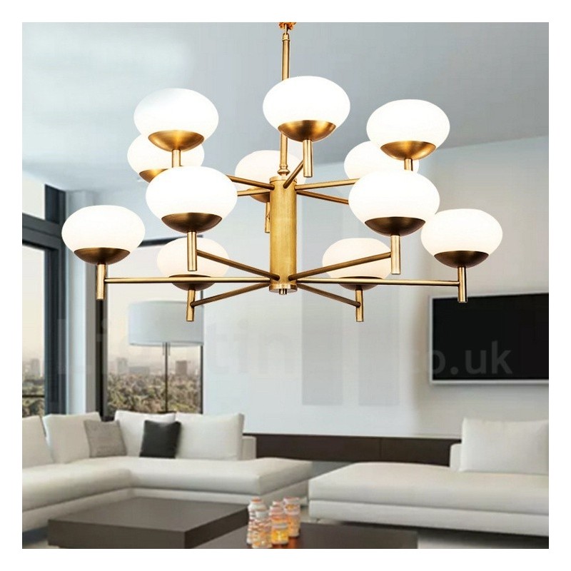 Lampadario a sospensione retrò rustico in ottone con paralumi in vetro 12 luci E14 Ø 95 cm