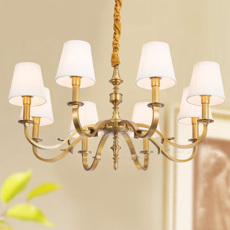 Lampadario a sospensione retrò rustico in ottone con paralume in tessuto, 8 luci E14