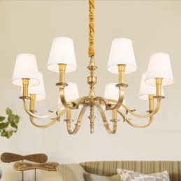 Lampadario a sospensione retrò rustico in ottone con paralume in tessuto, 8 luci E14