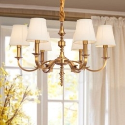 Lampadario a sospensione rustico retrò in ottone con paralume in tessuto, 6 luci E14, Ø 72 cm