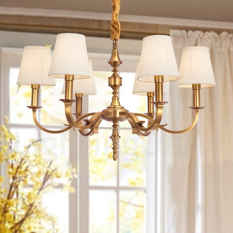 Lampadario a sospensione rustico retrò in ottone con paralume in tessuto, 6 luci E14, Ø 72 cm