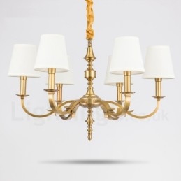 Lampadario a sospensione rustico retrò in ottone con paralume in tessuto, 6 luci E14, Ø 72 cm
