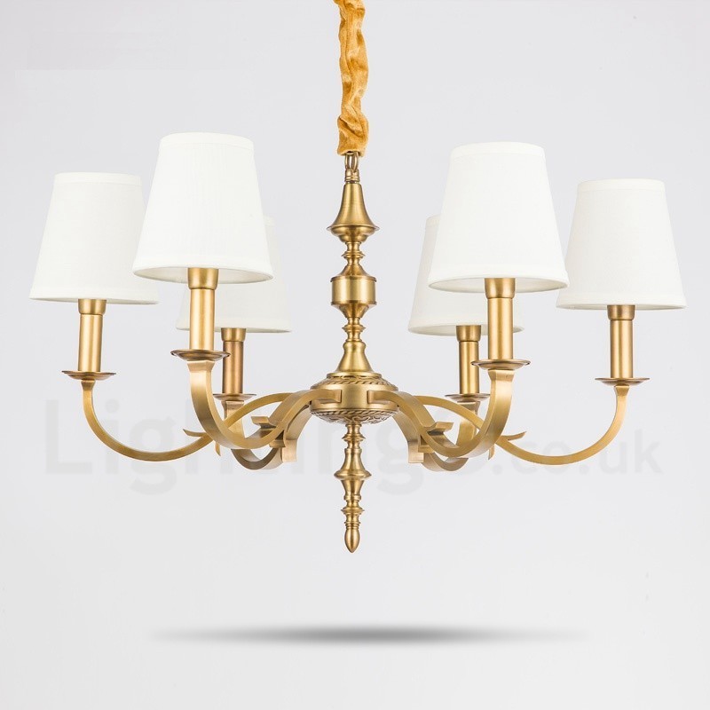 Lampadario a sospensione rustico retrò in ottone con paralume in tessuto, 6 luci E14, Ø 72 cm