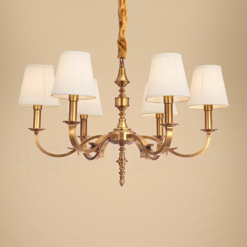 Lampadario a sospensione rustico retrò in ottone con paralume in tessuto, 6 luci E14, Ø 72 cm