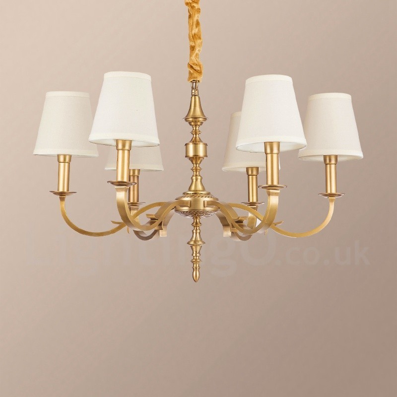 Lampadario a sospensione rustico retrò in ottone con paralume in tessuto, 6 luci E14, Ø 72 cm