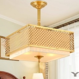Lampadario a sospensione rustico retrò in ottone con paralume in tessuto 4 luci E27