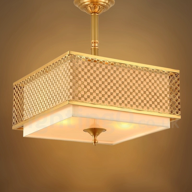 Lampadario a sospensione rustico retrò in ottone con paralume in tessuto 4 luci E27