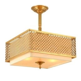Lampadario a sospensione rustico retrò in ottone con paralume in tessuto 4 luci E27