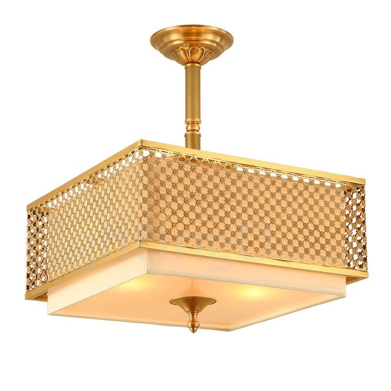 Lampadario a sospensione rustico retrò in ottone con paralume in tessuto 4 luci E27