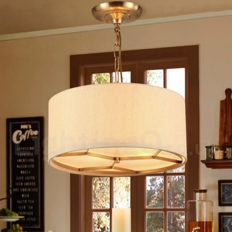 Lampadario a sospensione rustico retrò in ottone con paralume in tessuto 4 luci E14