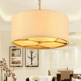 Lampadario a sospensione rustico retrò in ottone con paralume in tessuto 4 luci E14