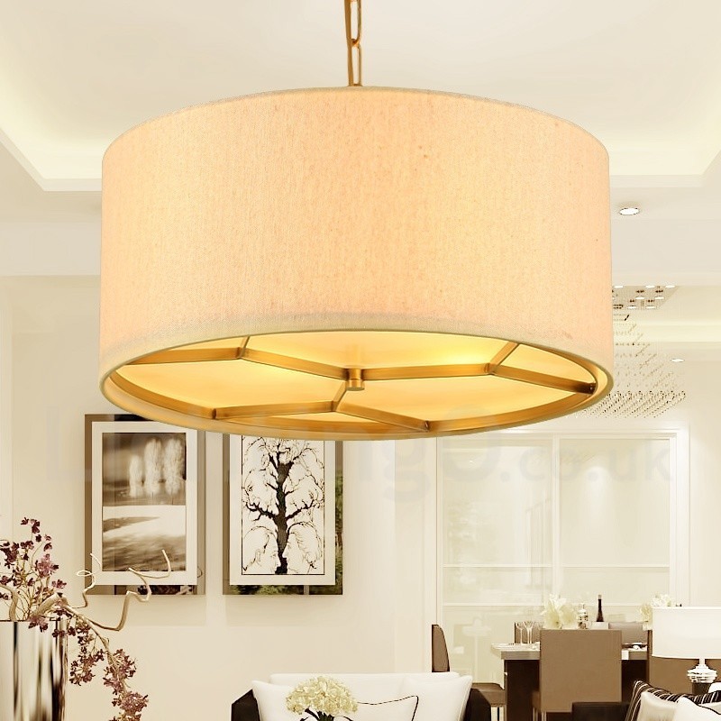 Lampadario a sospensione rustico retrò in ottone con paralume in tessuto 4 luci E14