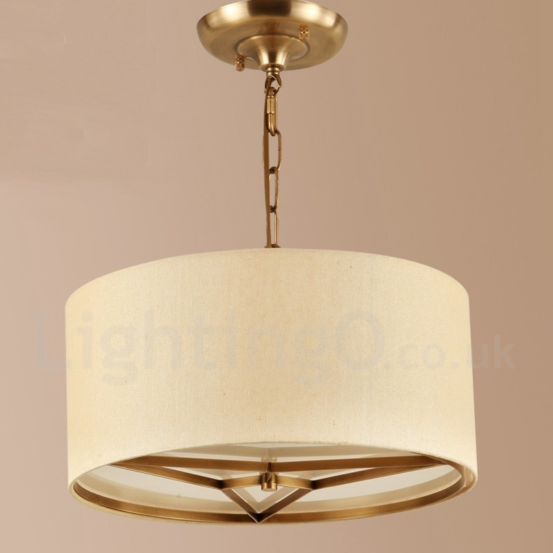 Lampadario a sospensione rustico retrò in ottone con paralume in tessuto, 4 luci E14