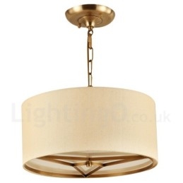 Lampadario a sospensione rustico retrò in ottone con paralume in tessuto, 4 luci E14