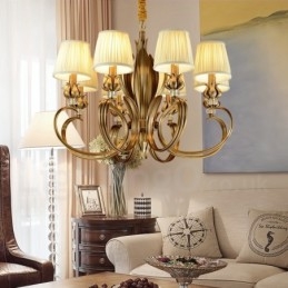 Lampadario a sospensione retrò rustico in ottone con paralume in tessuto, 8 luci E14